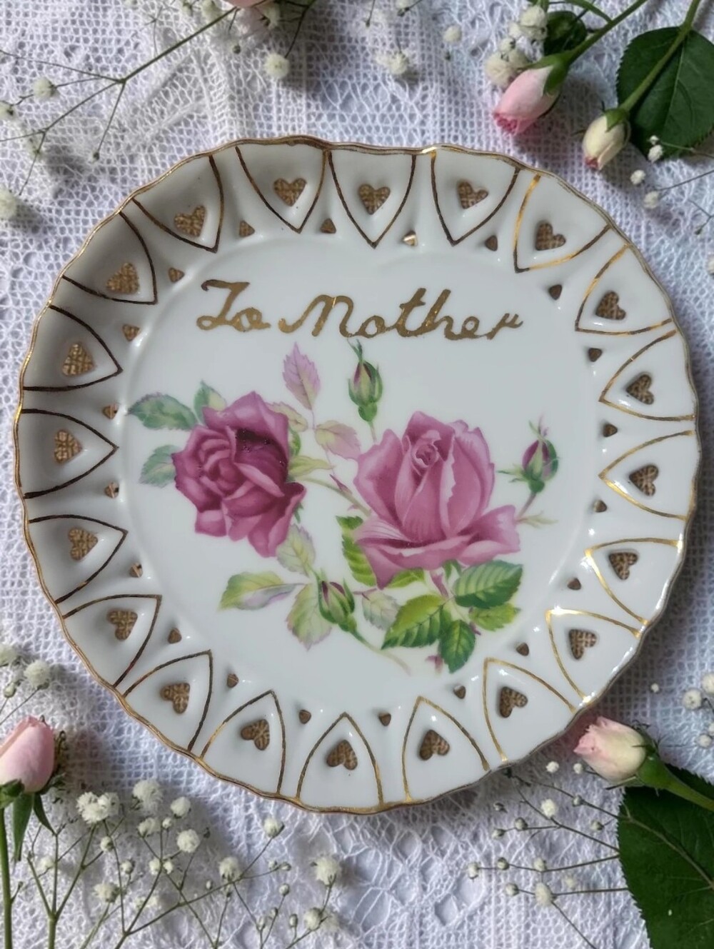 Vtg Lefton Red Pink Rose Buds To Mother Heart Shaped Plate Gold Accents Love
